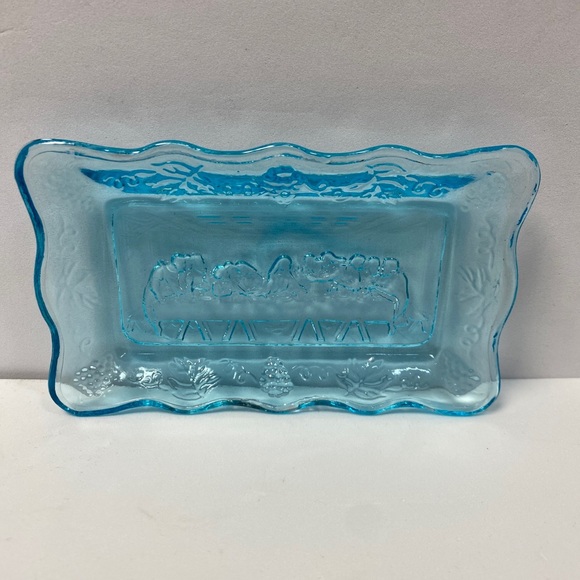 Vintage Indiana Tiara Aqua Blue Glass The Last Supper Soap Dish Tray 5.5" x 3.5" - Picture 8 of 15